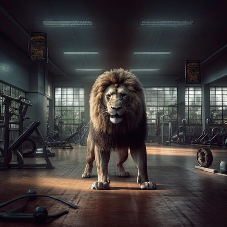 Lion in the gym. 3d illustration. Vintage style.の素材