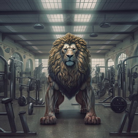 Lion in the gym. 3D render. Vintage style.の素材