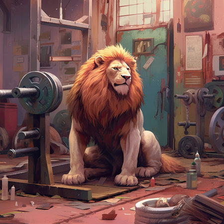 Lion in the gym. Illustration of a male lion.の素材