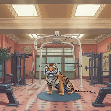 Tiger in a fitness room. 3D rendering and illustration.の素材