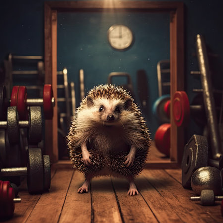 Hedgehog in the gym. Fitness and healthy lifestyle concept.の素材