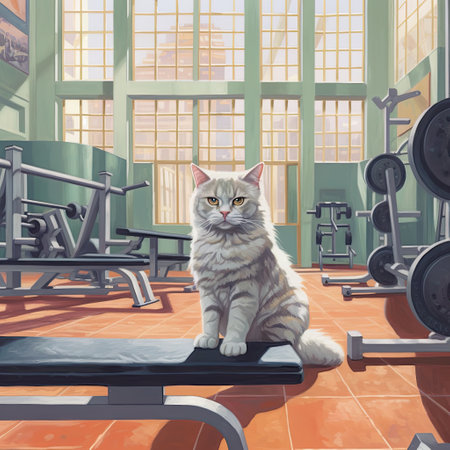 Cute cat sitting on a bench in the gym. 3D renderingの素材