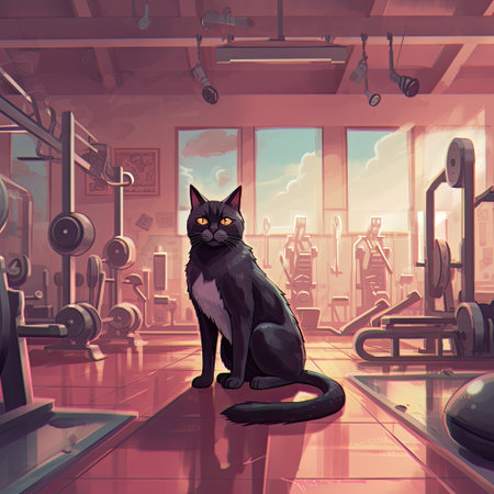 Fitness club with black cat in the gym. Vector illustration.の素材