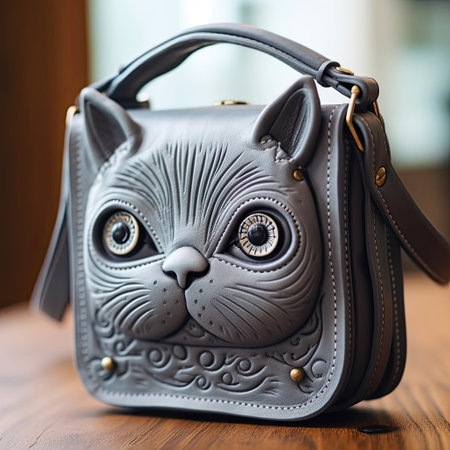 Fashionable gray cat leather handbag on a wooden table.の素材
