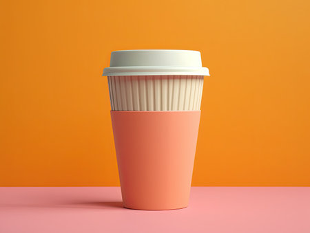 Takeaway coffee cup on orange background with copy space. 3d render illustration.の素材