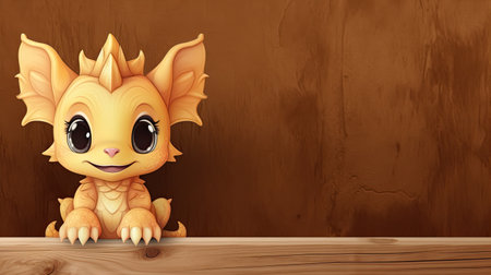 Isolated cute baby cartoon dragon with brown background and copy space for textの素材