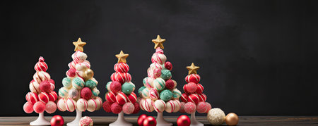 Christmas tree made of cake pop candies on wooden table with blackboard backgroundの素材