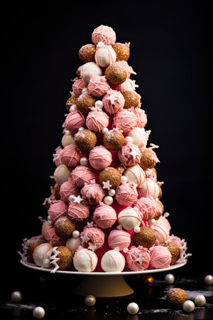 Christmas tree made of pink and white cake pops on a black backgroundの素材
