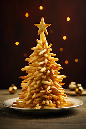 Christmas tree made of french fries on a wooden table with bokehの素材