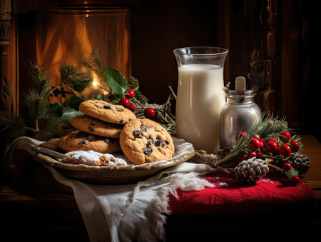 Chocolate chip cookies on a wooden table with a glass of milkの素材
