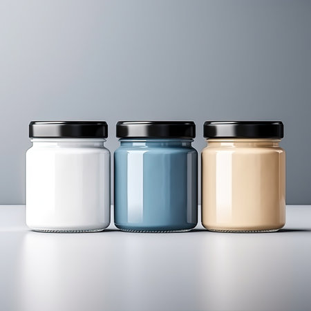 3d render of three jars of paint on a gray background.の素材