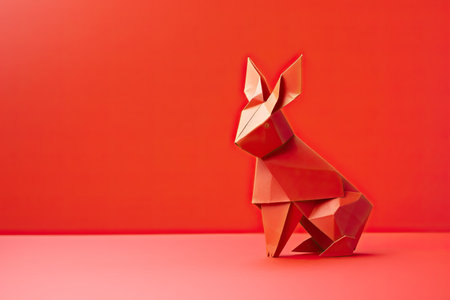 Paper origami rabbit on a red background. Creative idea concept.の素材