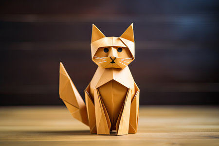 Paper origami cat on wood table in front of wooden background.の素材