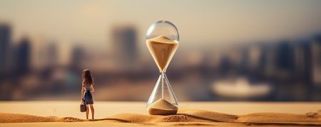 Time concept. Woman standing in the sand with hourglass in the city.の素材