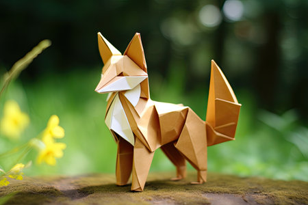 Paper origami fox on a green grass background. Eco friendly concept.の素材