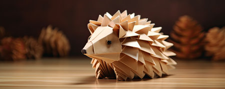 Hedgehog origami from paper on wooden table with pine conesの素材