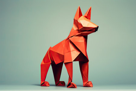Red origami dog isolated on gray background. 3d rendering.の素材