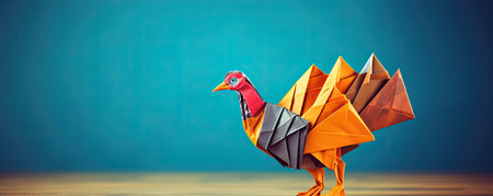 Conceptual image of origami turkey made of colorful paper.の素材