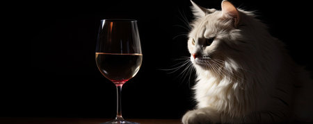 Cute cat and a glass of red wine on a black backgroundの素材