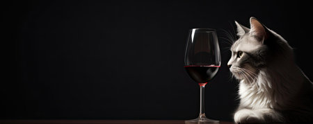 Cute cat with a glass of red wine on a black backgroundの素材