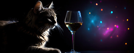 Siberian cat and a glass of white wine on a black backgroundの素材