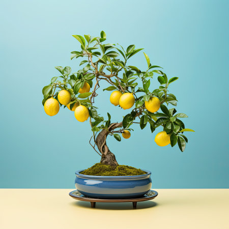 Bonsai tree with lemons in pot on blue background.の素材