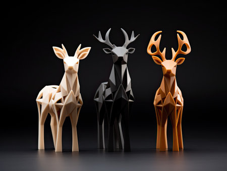Three of 3d printed reindeers on black background. 3d renderingの素材