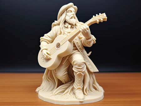 Statue of a bard with guitar on wooden table, closeupの素材