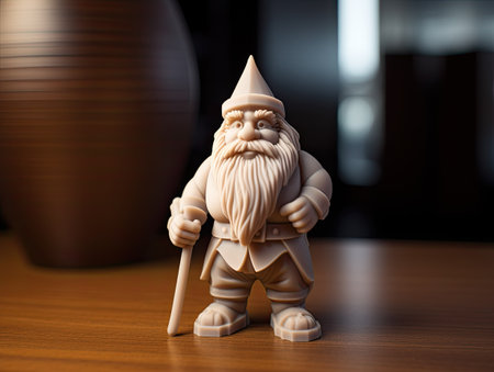 Ceramic figurine of a dwarf on the wooden table.の素材
