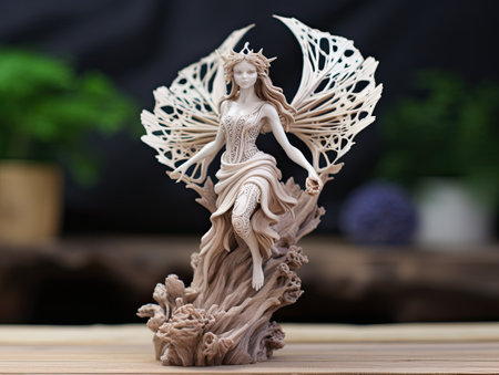 Wooden angel figurine on a wooden table in the interior.の素材