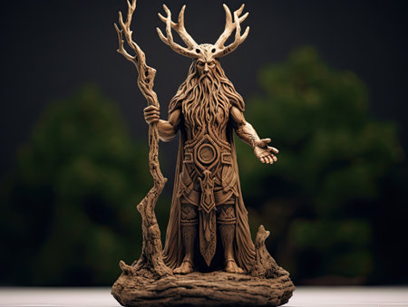 antique figurine of a deer demigod with horns on a dark backgroundの素材