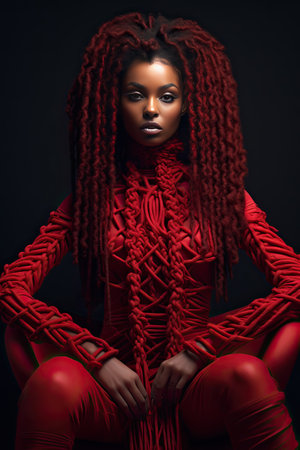 Fashionable african american woman with dreadlocks hairstyle posing in red clothes over dark background.の素材