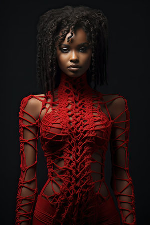 Beautiful african american woman with afro hairstyle in red rope dress. Studio shot.の素材