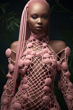 3d rendering of a girl with pink dreadlocks wearing a pink rope dressの素材