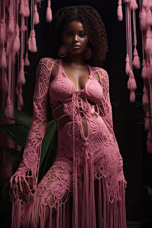 Beautiful african american woman in pink crochet dressの素材