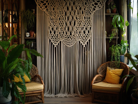 Interior of a room with wicker armchairs, knotted curtain and plants.の素材