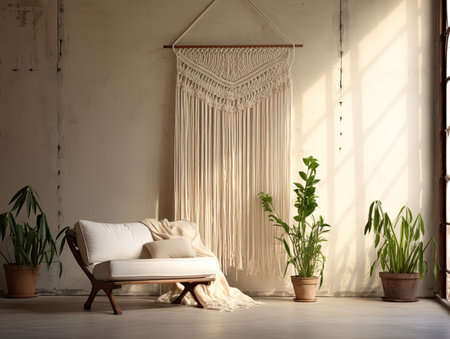 Living room interior with armchair, macrame decor and plants. 3d render.の素材