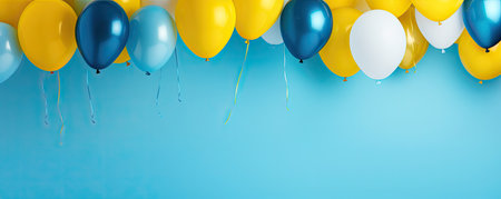 Blue and yellow balloons on blue background with copy space. Vector illustration.の素材