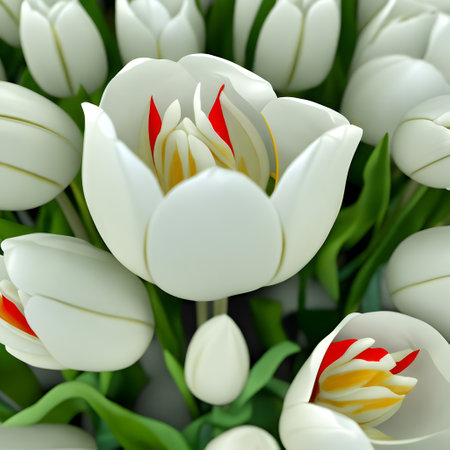 White tulips on a white background. 3D illustration. Close-up.の素材