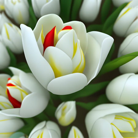 White tulips on a white background. 3D illustration. Close-up.の素材
