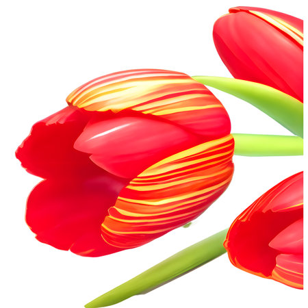 Red and yellow tulips isolated on white background. 3d renderの素材