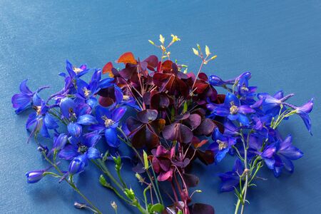 Purple flowers arrangement flat lay postcard style on turquoise wooden background.の写真素材