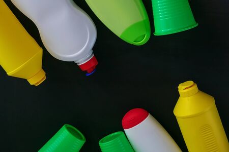 Plastic recycling. The concept of ecology, collection and disposal of plastic. Top view.