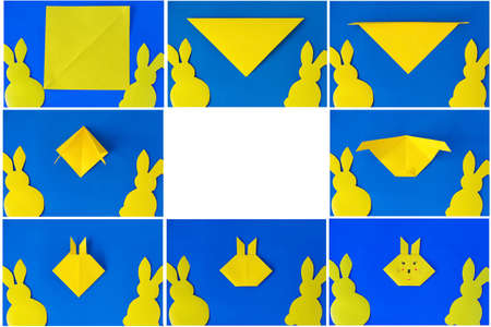 How to make a bunny at home. Craft for Easter. Step-by-step instruction. Collage. Take colored paper. A simple creative idea with your own hands. DIY children's art project.の写真素材