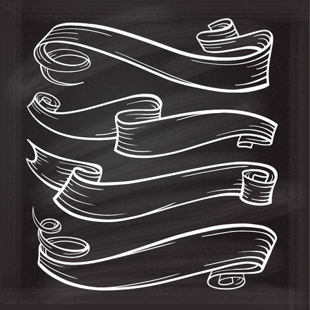 Vector set of vintage scrolls and ribbons on the chalkboard backgroundのイラスト素材