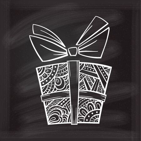 Vector hand-drown gift box in zendoodle style on a chalk backgroundのイラスト素材