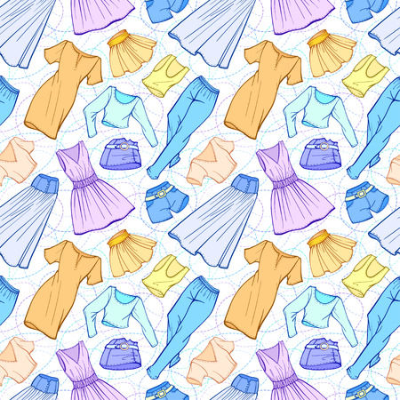 Summer fashion seamless pattern: dresses, skirts, jeans, shorts, t-shirts.の写真素材