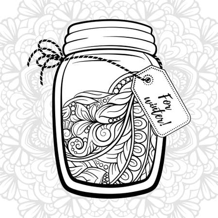 Mason jar with floral contents. Summer memoris antistress colorin page. Black and white vector graphic.のイラスト素材