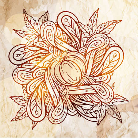 Black and white autumn motif on a grunge paper background. Pumpkins and autumn leaves decorative illustrationのイラスト素材