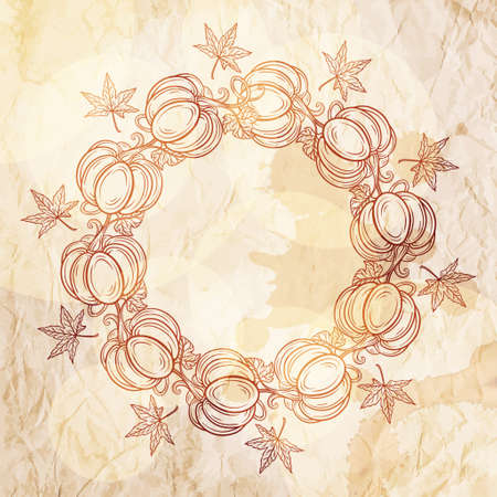 Black and white autumn wreath ornament on a grunge paper background. Pumpkins and autumn leaves garland.のイラスト素材